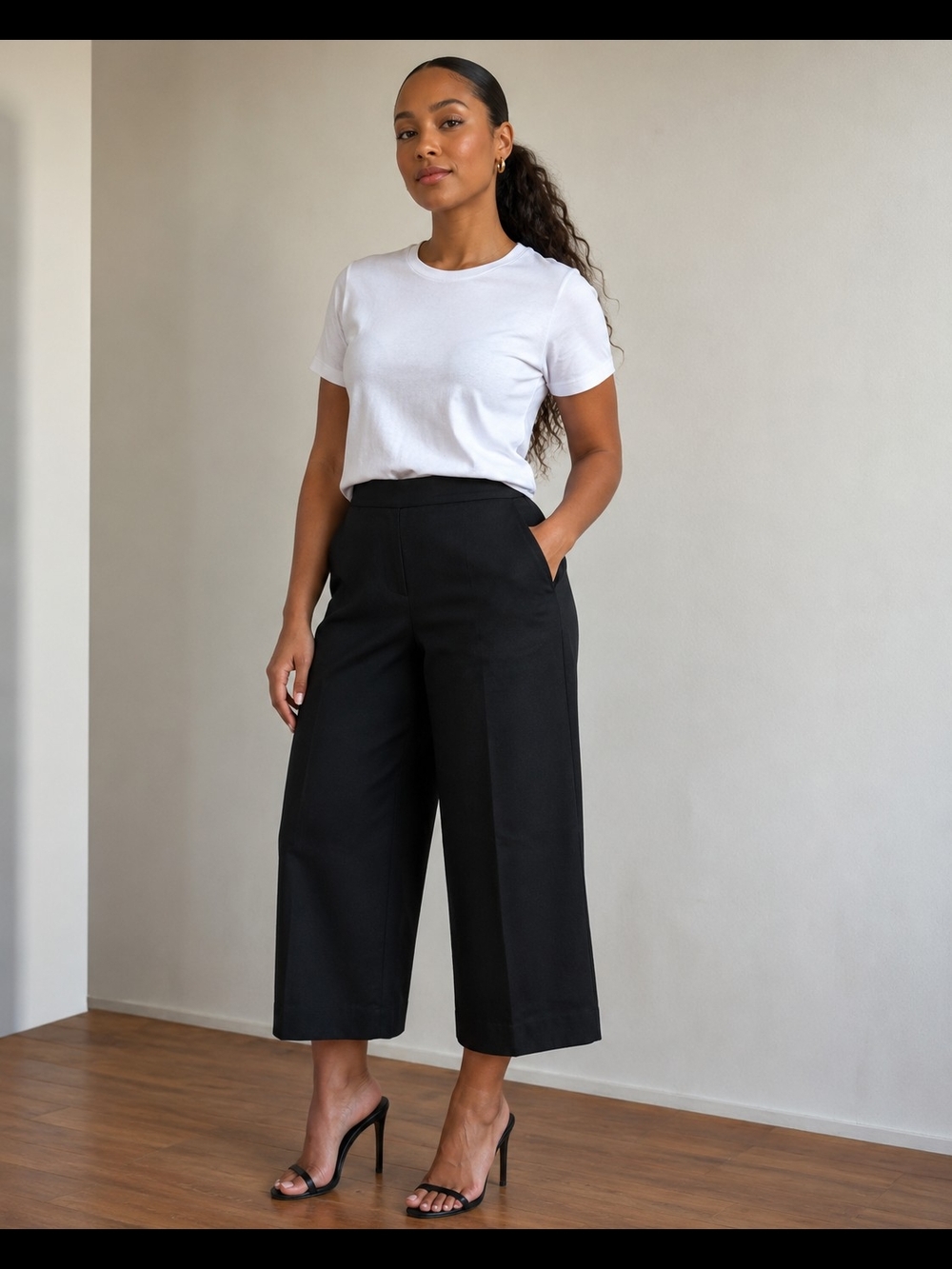 Adrienne Vittadini Women's Black Wide-Leg Cropped Twill  Pants Pockets Size 12